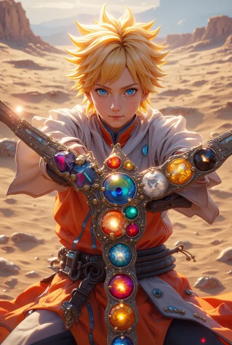 Realistic, Masterpiece, High Quality, High Resolution, High Definition, 8k, (((Cowboy Shot, Front View, Battoujutsu Stance Pose))), Wasteland, Day, (((1 Boy, blue eyes, yellow hair))), (((Naruto Anime Style))), (((Super Powers))). Naruto Uzumaki using A me...