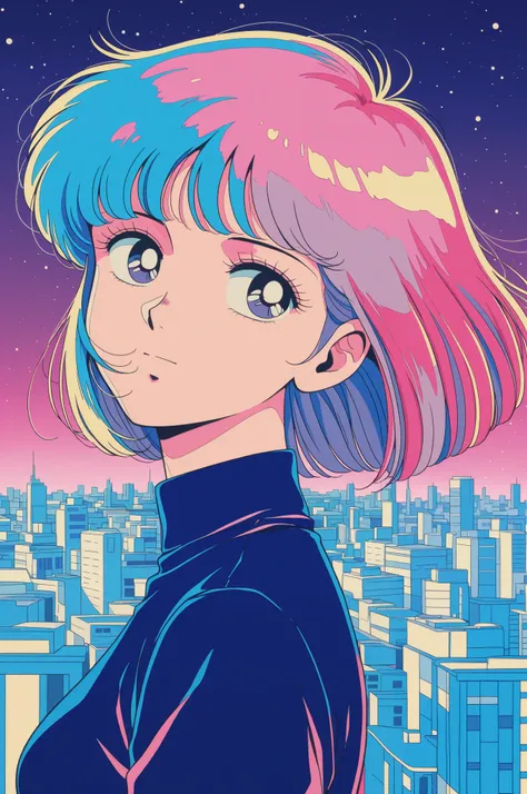 (highest quality:1.2, City Pop Style, Very detailed, up to date, Vibrant, High Contrast, masterpiece:1.2, highest quality, Best aesthetics), 1woman, ((Face Shot:1.4)), Colorful Hair, himecut, pastel colour, 1980s style, ((Retro, Vintage, Solid color backgr...