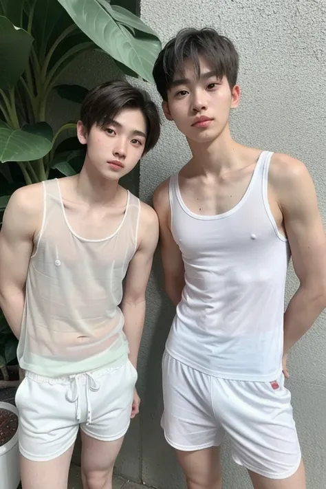 20 year old young 々Good male twin brothers
short hair
male to male twins
good-looking
Color white
Beautiful skin
I'm wearing a transparent tank top
Are you wearing see-through shorts
My crotch is bulging and sticking out
