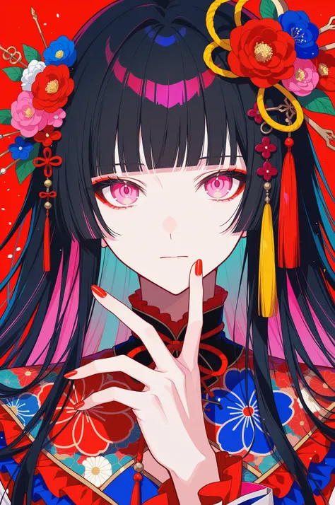 woman, solo, red nails, looking at viewer, bangs, pink eyes, long hair, nail polish, black hair, hair ornament, hand up, flower, blunt bangs, closed mouth, tassel, ribbon, portrait, colorful, red background, frills, multicolored hair, upper body, fingerna...
