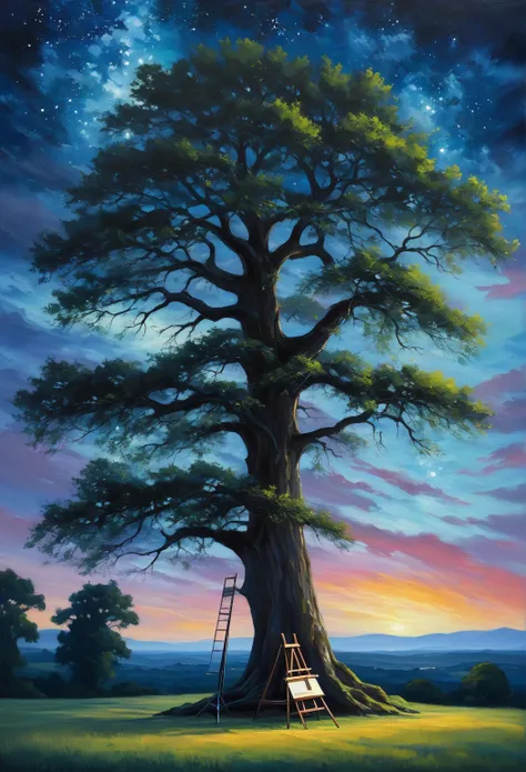 An oil painting，nigth，big tree，horizon，peaceful，easel, 4k, (High quality), (High resolution)