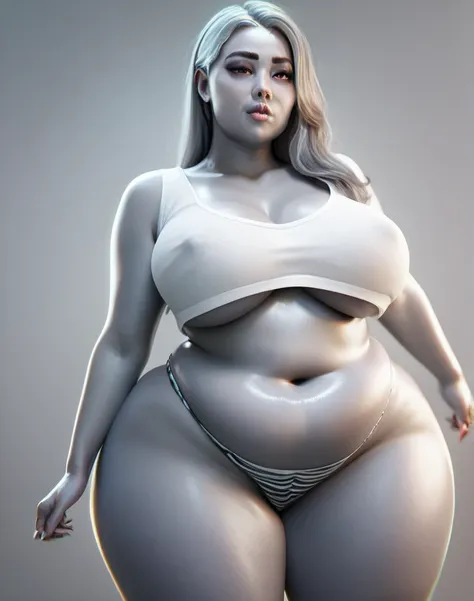 Detailed, high definition, lips, Asian woman with beautifull face and grey haired, thick thighs, huge fat butt, thicc , breasts, hips, plump body, chubby, Alone, grey skin, frontview