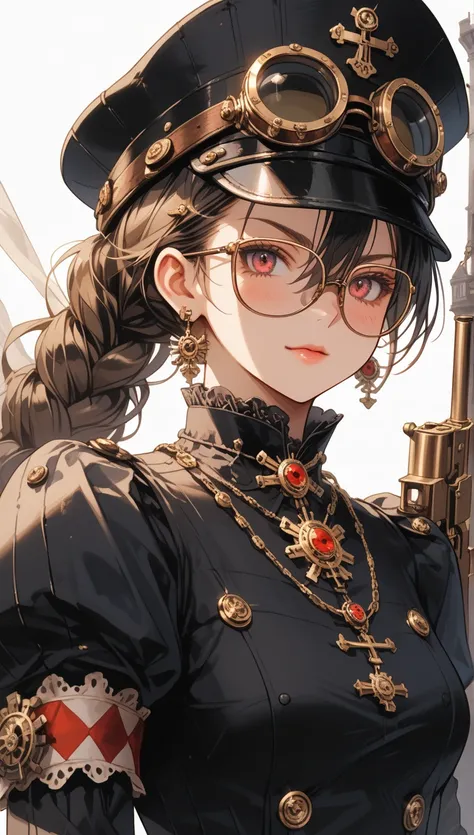 In a fantastical, steam-powered world, a formidable female warrior stands tall, her expression a mix of determination and tactical focus. She is adorned in a well-worn, yet intricately designed steampunk-inspired outfit, complete with goggles, leather harn...