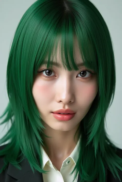 A photo of Momo from Twice, reimagined as Zoro from One Piece, with green hair