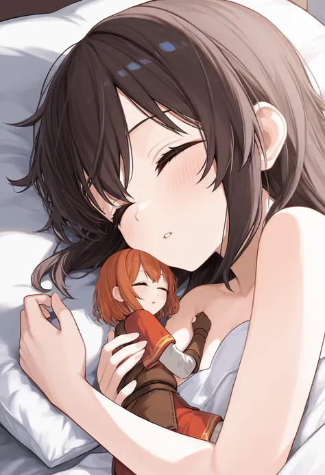 (macro size: 1.3), bed, 2girls,  laying in bed, sleeping, 1girl, (miniature woman in front of a giant girls face and chest), adventurer, tight hug, (closeup arm chest and face: 1.1)