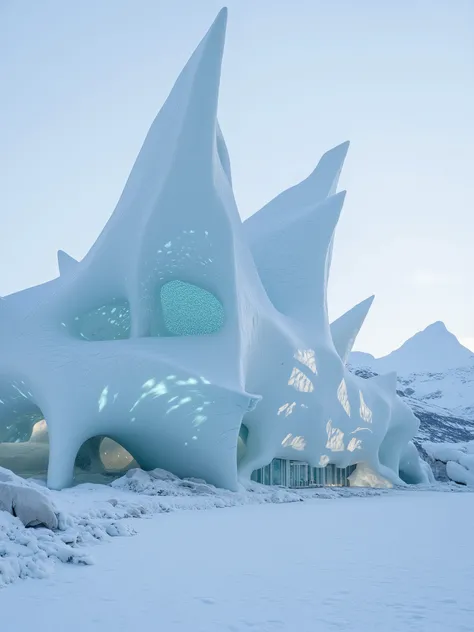 Zaha Hadid surrealist EXTERIOR opera in ANTARTICA made of ice