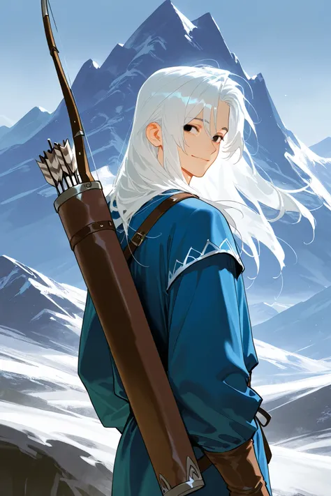 best quality, masterpiece,highest resolution,mountain background, 1male, white hair, long hair, black eyes, blue robe, solo,(smile:0.8),(sad:0.2),fantasy,look back, quiver
