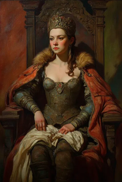 Artwork of a gorgeous female conquistador, ((16th century)), wearing spanish conquistador armor, ((16th century ((realistic oil painting)))), ((16th century portrait)), ((big sagging breasts)), ((deep cleavage)), ((sitting on rich decorated throne))