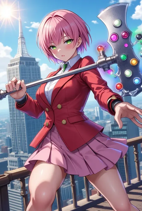 Realistic, Masterpiece, High Quality, High Resolution, High Definition, 8k, (((Cowboy Shot, Front View, Fighting Stance Pose))), Terrace Of Building, City, Day, (((1Girl, short hair, pink hair, green eyes))), (((Naruto Anime Style))), (((Super Powers))). S...