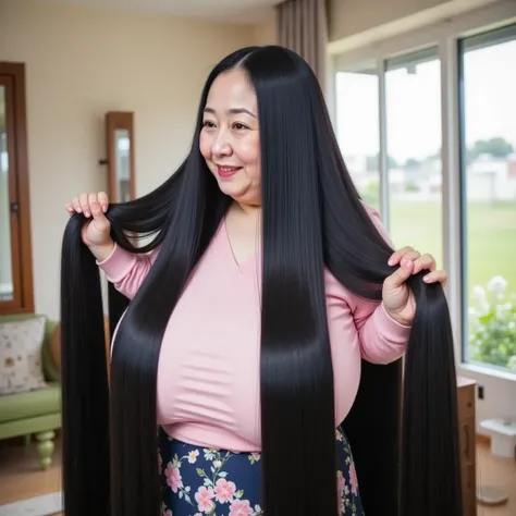 8k,Highest quality, masterpiece, Ultra-high resolution,(masterpiece:1.6, Highest quality), Intricate details,full body, Spread your arms out to the sides,dynamic pose, ((５０A mature woman in her s is holding her ridiculously beautiful black hair with both h...