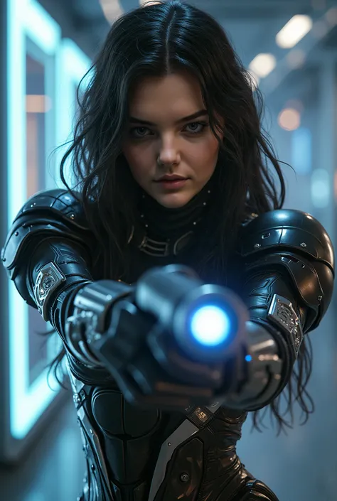 A photorealistic image of a stunning young woman with a symmetrical face, almond-shaped eyes, and long, curly hair. She is dressed in futuristic, sleek black-and-silver armor, standing in a high-tech combat arena. Her pose is dynamic, holding a plasma weap...