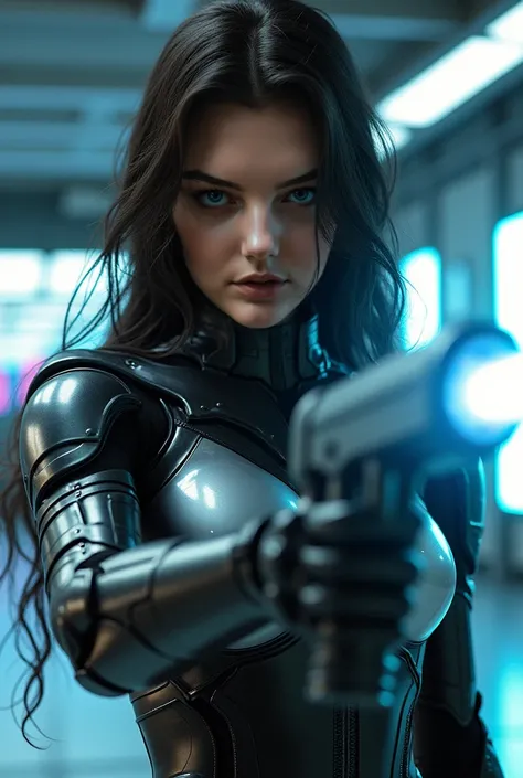 A photorealistic image of a stunning young woman with a symmetrical face, almond-shaped eyes, and long, curly hair. She is dressed in futuristic, sleek black-and-silver armor, standing in a high-tech combat arena. Her pose is dynamic, holding a plasma weap...