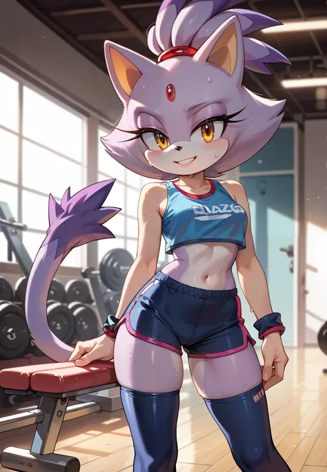 4k, perfect quality, 1girl, solo, Blaze the Cat, Sonic, sweat, crop top, shorts, thigh highs, alluring smile, standing with legs spread out, gym storage room,