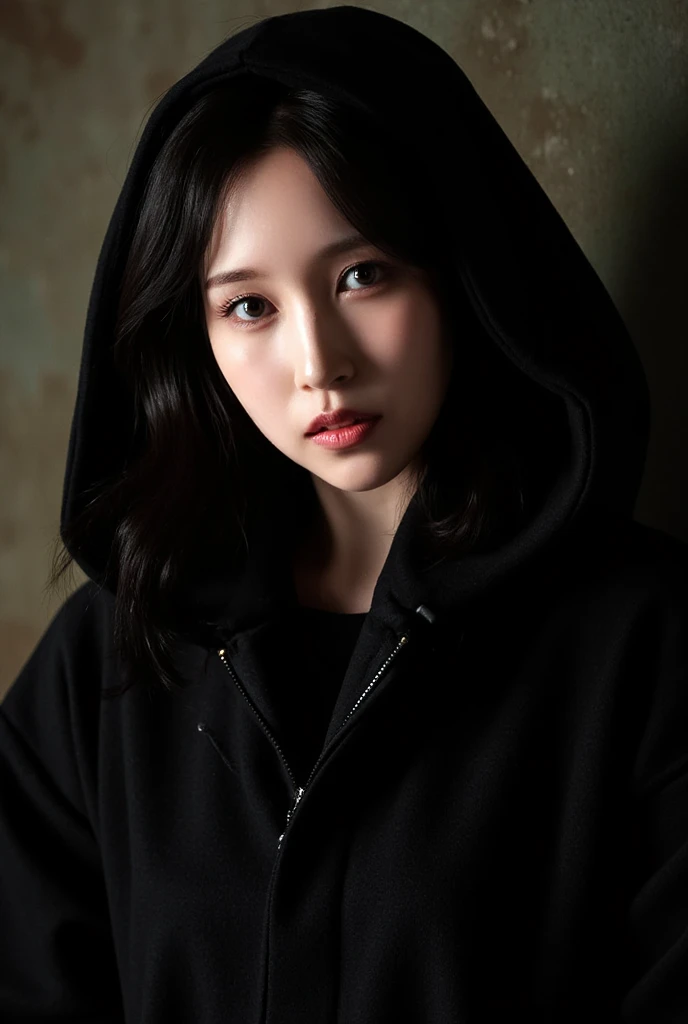 A realistic photo of Mina from Twice, reimagined as Nico Robin from One Piece,