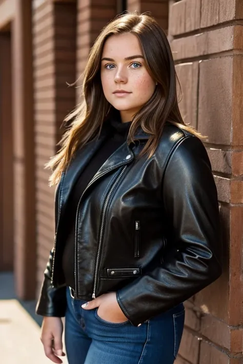 Elyse Taylor, 19 year old , face portrait, long brown hair, freckles, wearing tight black leather jacket over sweater, very chubby, overweight, austrlian outback