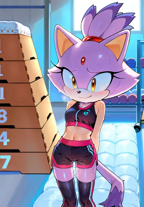 4k, perfect quality, 1girl, solo, Blaze the Cat, Sonic, sweat, crop top, shorts, thigh highs, alluring smile, standing with legs spread out, gym storage room,