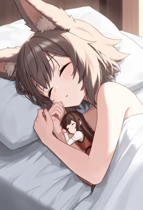 (macro size: 1.3), bed, 2girls,  laying in bed, sleeping, 1girl, (miniature woman in front of a giant girls face and chest), adventurer, tight hug, (closeup arm chest and face: 1.1), (fluffy ears), tail