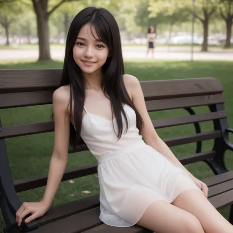 Long Hair, Black Hair, Smile, Happy, Blush, Hyperrealism, David Hamilton, thin tween girl, flat chest, sheer summer dress, short dress, sitting on a park bench, one knee lifted, Best Quality, High Resolution, cute girl, masterpiece, 4K, 8k,16k, white socks...