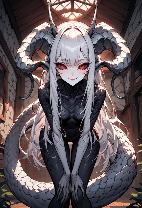 alien outwardly resembling a slim woman with long silver hair and big, red eyes with black sclera. Her antennae seem like large, prehensile, fleshy horns, long strong tail covered in scales, Looking at viewer, cottage indoors, tail:1.3, thick tall, adult, ...