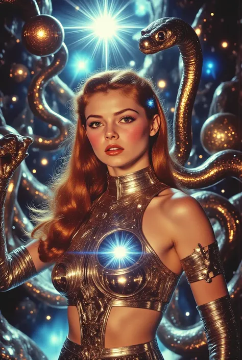 Magical girl, one woman,Real,From the chest up,Moon in the background, glitter effect,Stare at the top right,universe, redhead,Star accessory for straight long hair,He controls snakes