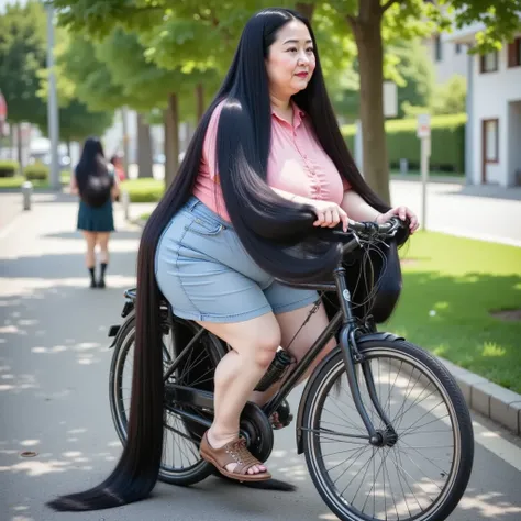 8k,Highest quality, masterpiece, Ultra-high resolution,(masterpiece:1.6, Highest quality), Intricate details,full body,from side, ((dynamic pose:1.5)), ((５０A mature woman in her s is riding a bicycle while taking advantage of her ridiculously beautiful bla...