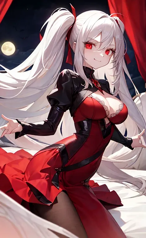 vampire,masterpiece, best quality, ultra-detailed, illustration, ultra-detailed face, best quality face, evil, 30 years old, adult, 1girl, 30 years old,  no human, white hair, full moon, gothic setting, smile, confident, beautiful flowing red dress,elegant...