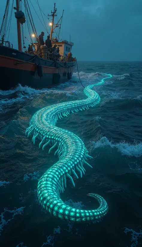 Bioluminescent segmented sea creature resembling a giant centipede, being pulled onto a boat by fishermen in cold weather, stormy ocean waves, glowing and intricate details, cinematic lighting, photorealistic, alien and terrifying atmosphere"