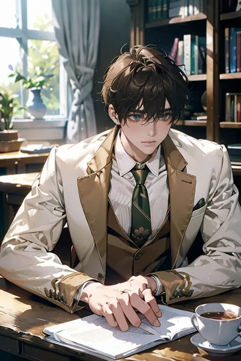 ( A Masterpiece of Art ,  high resolution,  ultra detail:1.0), (1 ,  young man),  and stare at the camera,  perfect male body with notebook in hand,   very detailed CG,  8k wallpaper,  complicated details, Just a person々,   Face Details  ,(Brown Hair,  gre...