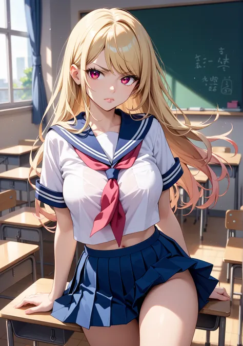 studyi at a desk , girl, slender, busty, pale skin, blonde hair, long hair , swept bangs, straight hair , brown eyes, Slanted eyes , pink beige lip, disgust, school uniform, serafuku, pleated skirt, sailor collar, white shirt, short sleeve shirt , classroo...