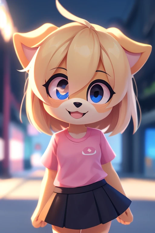 Furry girl, blond dog, hair over one eye, cute background, pink shirt, black skirt, happy face, cinematic shot, lens aperture 1.4, best quality 