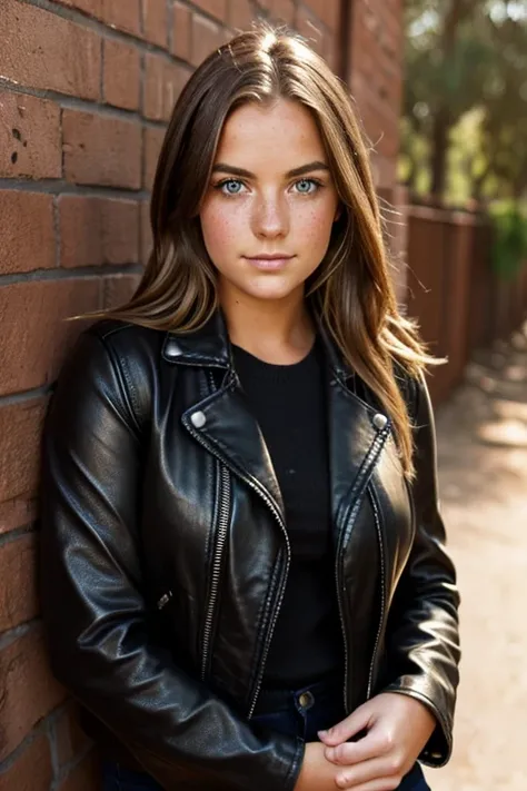 Elyse Taylor, 19 year old , face portrait, long brown hair, freckles, wearing tight black leather jacket over sweater, very chubby, overweight, austrlian outback