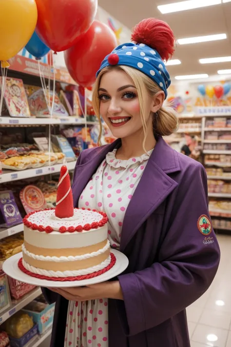 Lilith light violet birthday cake picture of a girl smiling blonde hair

Clown joker looking guy with dark purple coat and a samurai ponytail

Clown with polka dots and crown hat and balloons holding all together on the shopping store shelf