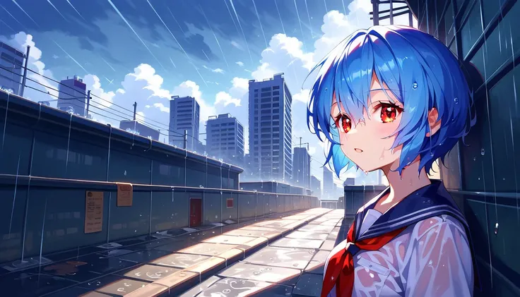 1girl, Rei Ayanami, blue hair, short hair, (red eyes:1.5),、 ((she is wearing a middle school uniform shirt wet, , translucent)),lost look, Sitting on the stairs of an abandoned concrete building, cloudy , highest quality, High resolution, unity 8k wallpape...