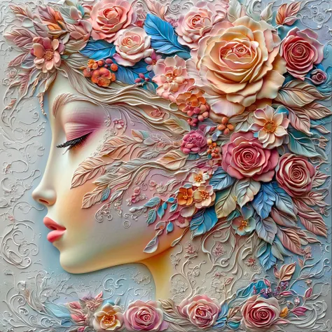  Side profile of a woman's face ,  decorated with a complex composition of flowers and leaves .   The face is painted in soft pastel colors  , .  The most striking feature is the large rose in the center of the hair .   The background is a mixture of paste...