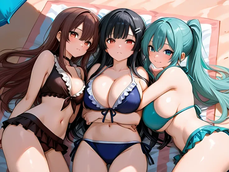 3 girls , bikini, huge breasts, hugging beach 