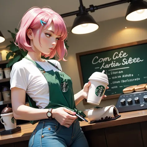 score_9, score_8_up, score_7_up, illustration, one adult woman wearing a jeans and white shirt, short pink hair, small breast, dutch angle, low-key lighting, big ass, perfect face, drinking coffee at starbucks