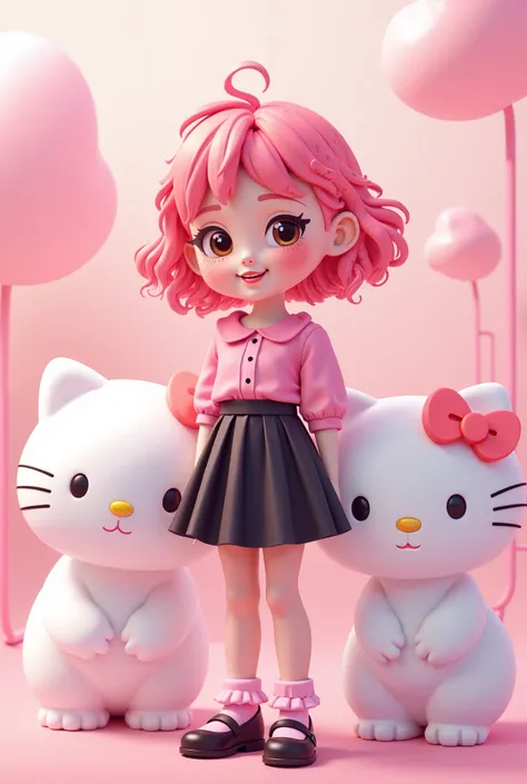 Create a white character with brown eyes curly hair Dark pink in a pink blouse with the Hello Kitty character and black pleated skirt Mary Jane shoe with pink socks