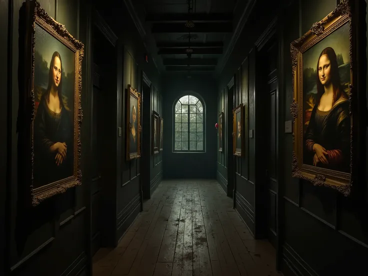 A dimly lit corridor of an old mansion, illuminated only by faint moonlight streaming through large windows. The walls are adorned with antique paintings in ornate golden frames, showcasing figures and scenes from centuries past. At the far end of the corr...