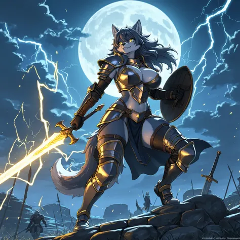 moon, shield, lightning, 1girl, armor, weapon, full_moon, sword, glowing_eyes, wolf_tail, glowing, tail, night, holding_shield, wolf_ears, wolf_girl, holding_weapon, holding, yellow_eyes, animal_ears, (masterpiece, anthropomorphic fantasy anime style, crea...