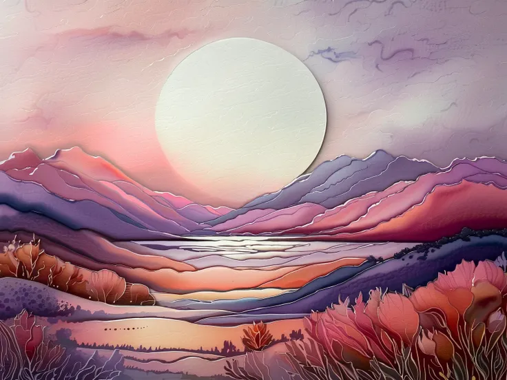 a simple, minimalist backdrop landscape. Rendered in watercolor. Rendered in shades of pink and purple