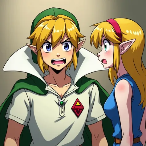 Anime Ocarina of time King Link wearing a Massive popped collar polo with a collar so high it's taller than his head he's very angry at Princess Zelda so he punches her in the face she is scared of his anger towards her