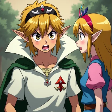 Anime Ocarina of time King Link wearing a Massive popped collar polo with a collar so high it's taller than his head he's very angry at Princess Zelda so he punches her in the face she is scared of his anger towards her