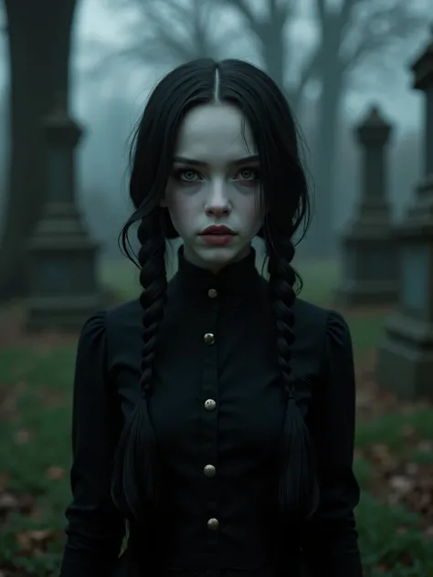 a stunning Wednesday Addams, age 20,double braid, sitting in the graveyard, hyper-realistic, photographic portrait, bokeh at night