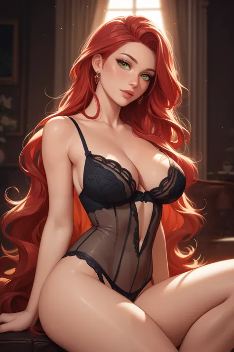 (masterpiece), best quality Anime-style waifu with long red hair, vibrant green eyes, a perfect curvy figure. She’s wearing sexy black lingerie. The background is dimly lit, creating a sexy atmosphere.