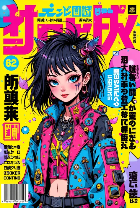 ((manga (((magazine cover))) illustration) of (beautiful cyberpunk girl wearing cyberpunk street style clothing))), cute smiling Japanese girl, (very detailed linework), ((katsuhiro otomo art style)), comic book colours, ((Japanese text)), barcode, (NSFW).