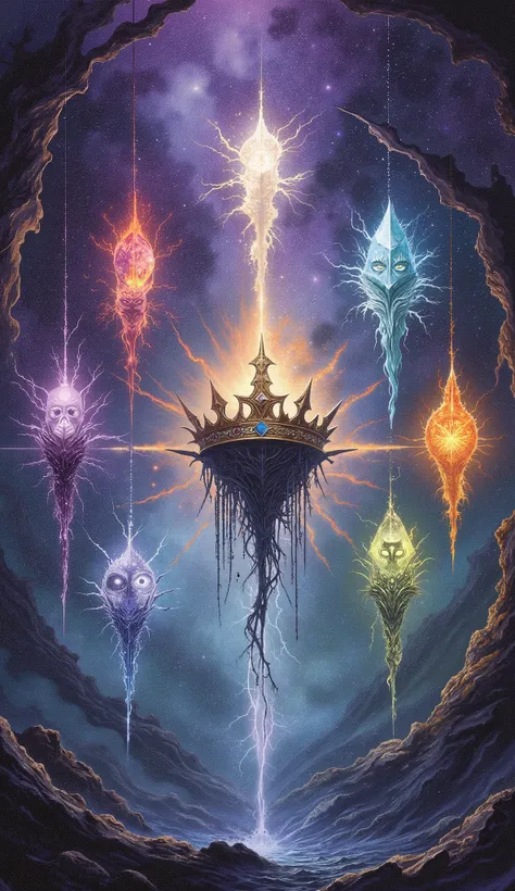 Seven glowing shards of celestial power floating in a fractured, cosmic realm. Each shard is unique: one burns with starlight and galaxies, another pulses with shadowy tendrils, a third crackles with dragonfire, a fourth oozes black crystalline corruption,...