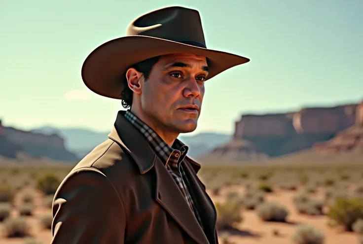 cinematographic photograph of a man, with a cowboy hat, dark eyes, in cowboy clothing, standing in the middle of the desert, with the Grand Canyon National Park in the background, influenced by Cattlepunk (Weird West).