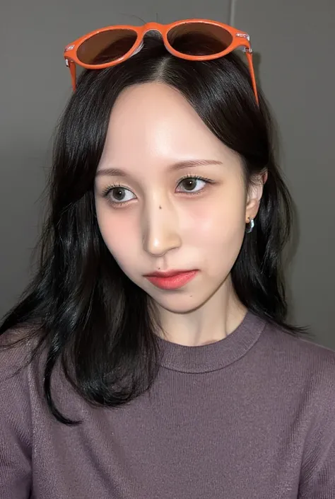 A realistic photo of Mina from Twice, reimagined as Nico Robin from One Piece, wearing clothing in a muted purplish-gray color, similar to the RGB value #593779, with a slightly dark and soft tone, with orange sun glasses in the head