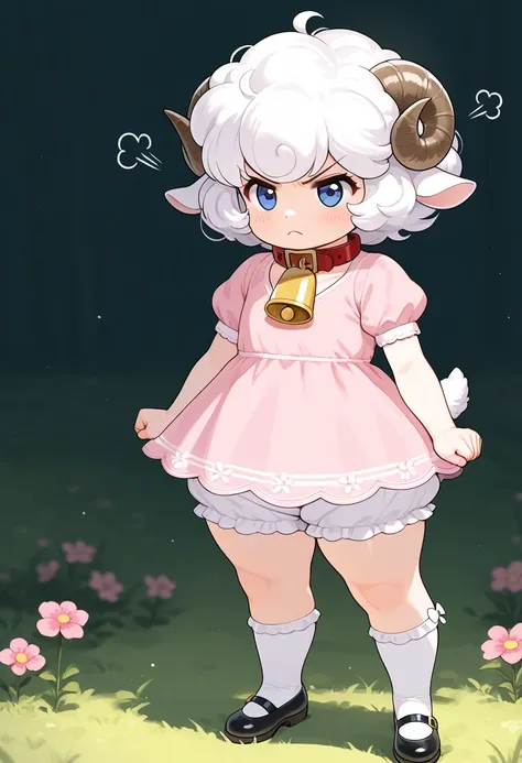 a (sheep shortstack woman) short hair, white hair, puffy hair, sheep ears, (red collar with a bell around neck) blue eyes, sheep tail, small hands, small hands, flat chest, thick thighs, small feet, pink dress, with a neck pater pan, collar v-neck, short p...