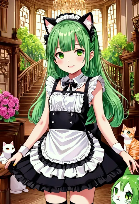 Loli girl, neko girl, maid clothes, cat ears, green eyes, cat eyes, slim body loli, rich mansion, kawaii girl, kawaii loli, smile girl, monster girl, cat girl, neko girl.